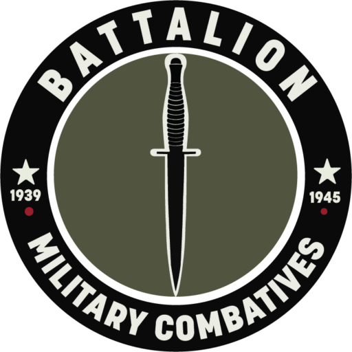 The logo for Battalion Martial Arts York HEMA group. It features a dagger through the center on a green background, enclosed by a black circle. The word 'Battalion' is in white at the top, and 'Military Combatives' is at the bottom. Two stars are placed on either side of the circle, with '1939' under the left star and '1945' under the right star.